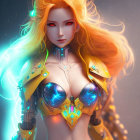 Illustrated female character with golden hair and cybernetic enhancements in futuristic armor