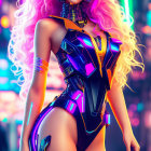 Futuristic woman with pink hair in glowing cybernetic armor in neon-lit urban scene