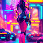 Futuristic Female Robot in Neon Cyberpunk City at Night