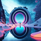 Person stands before massive glowing portal on mirrored icy surface in snow-covered landscape under starry sky