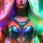 Colorful Woman with Neon Hair and Makeup Against Vibrant Backdrop