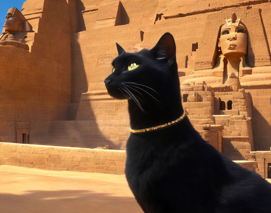 Black Cat with Golden Collar in Front of Ancient Egyptian Temples