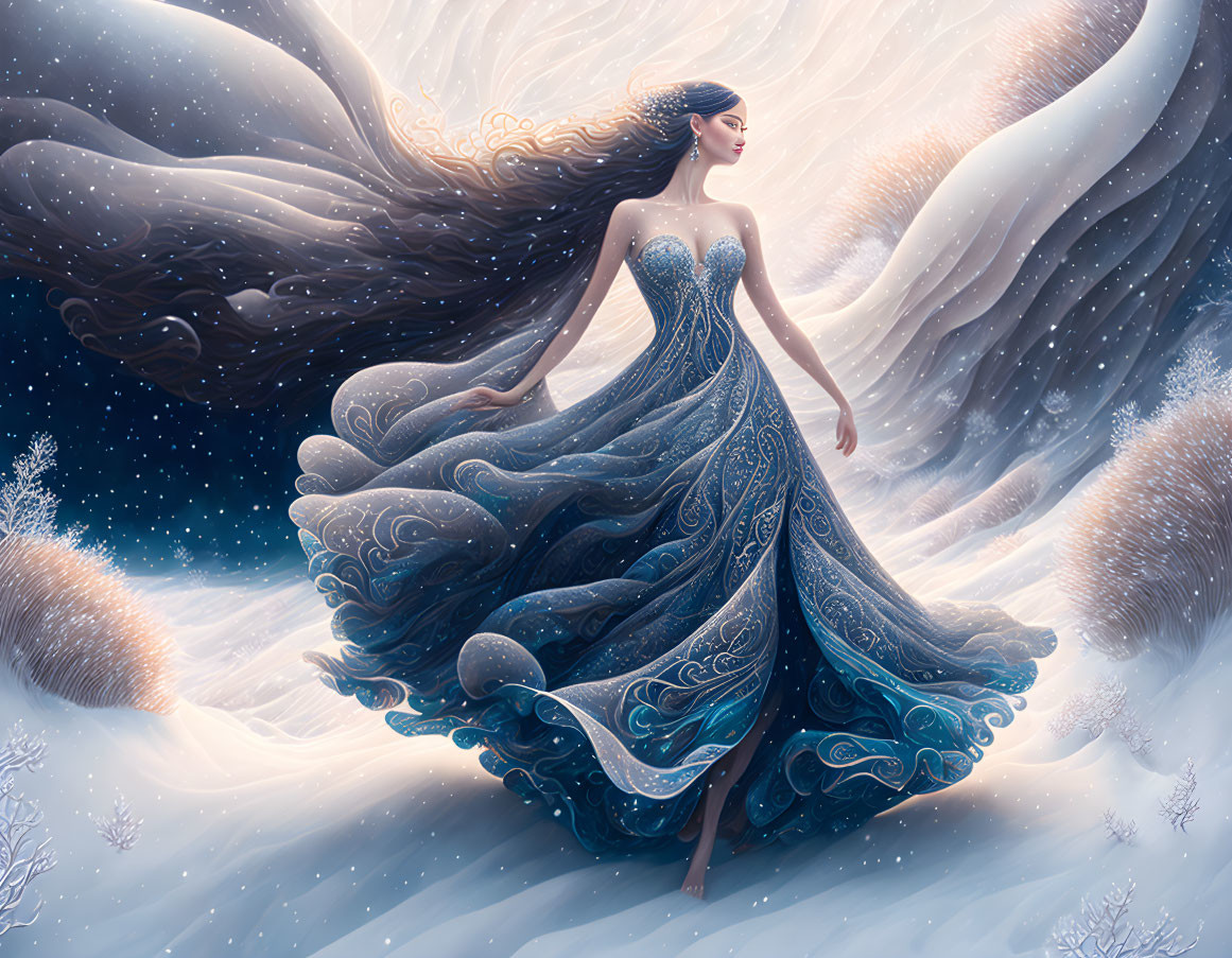 Woman in Blue Winter Waves Dress in Snowy Scene