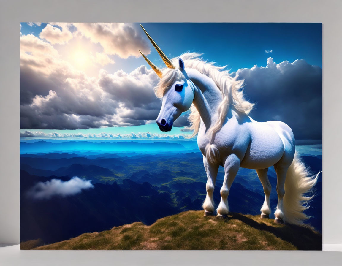 White unicorn with golden horn on mountain cliff under dramatic sky