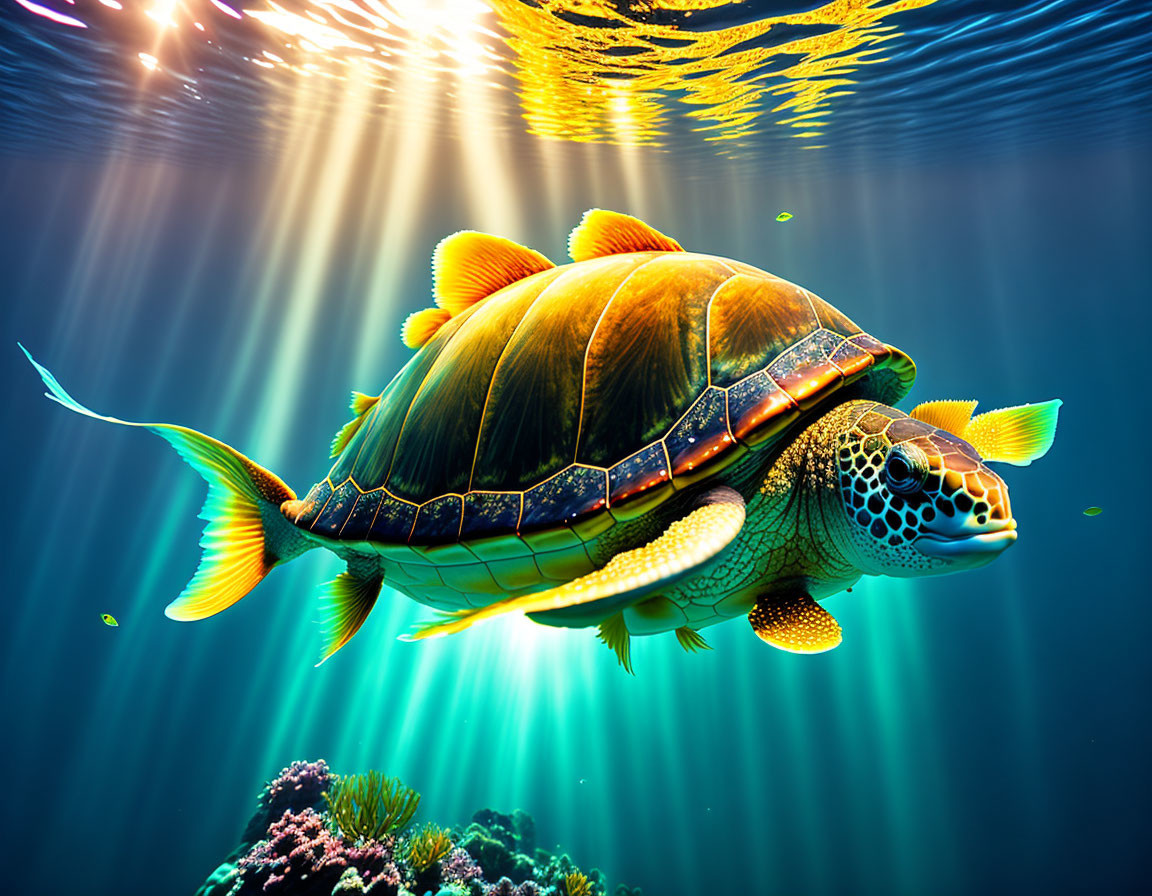 Sea turtle swimming near ocean surface with sunbeams and vibrant marine life.