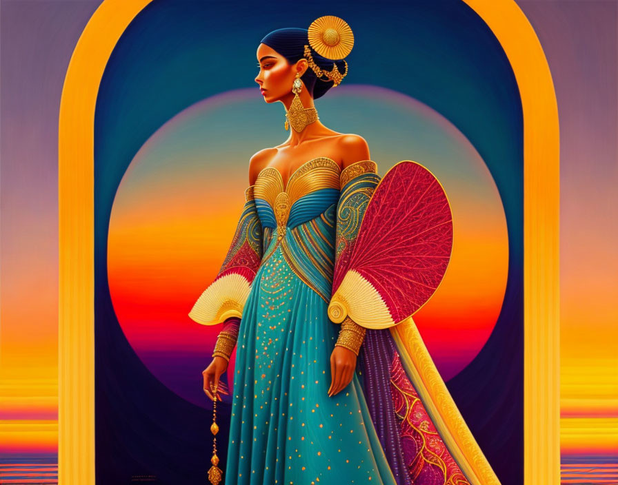 Stylized image of woman in ornate attire against sunset backdrop with warm hues and regal elegance