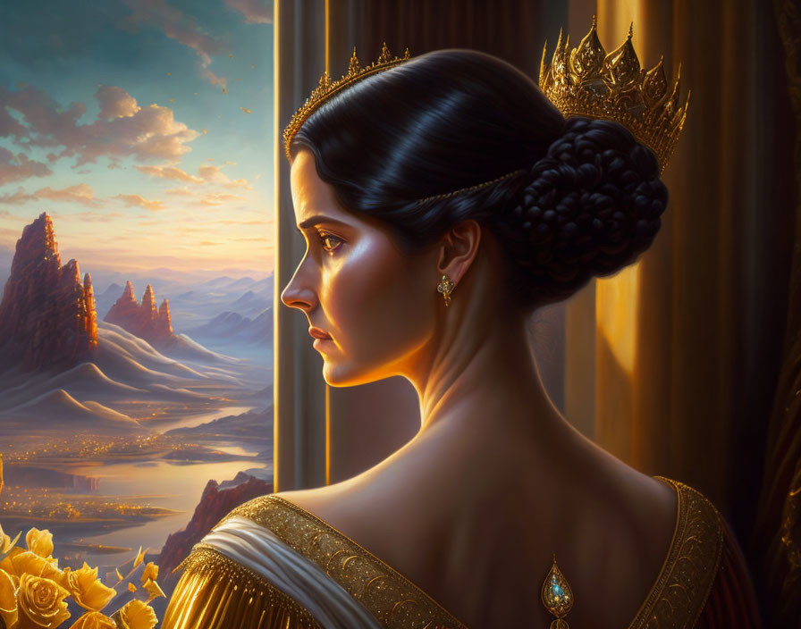 Regal woman with golden crown gazes at sunset landscape