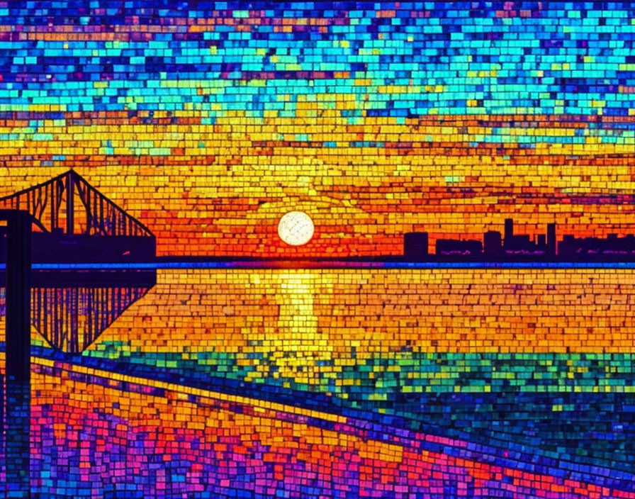 Colorful pixelated sunset mosaic with bridge and stairs silhouettes.