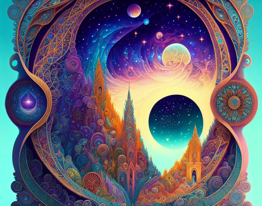 Vibrant psychedelic illustration of cosmic landscape