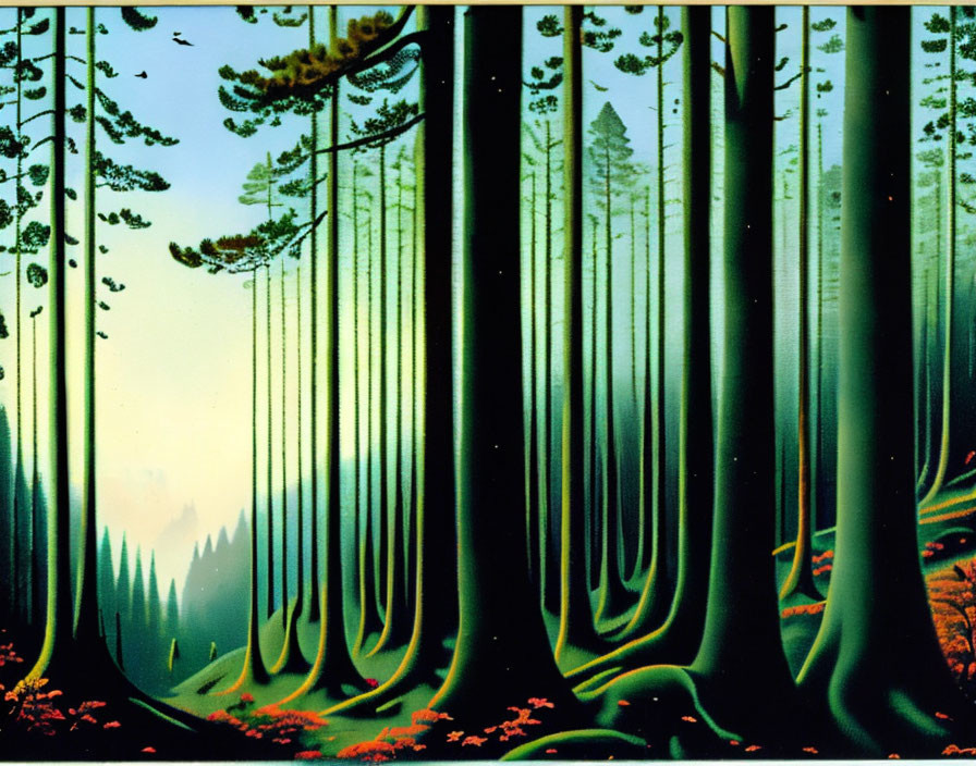 Stylized painting of dense forest with tall, straight trees and misty background