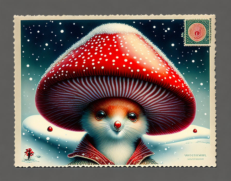 Colorful Mushroom Mouse Creature in Snowy Stamp Design