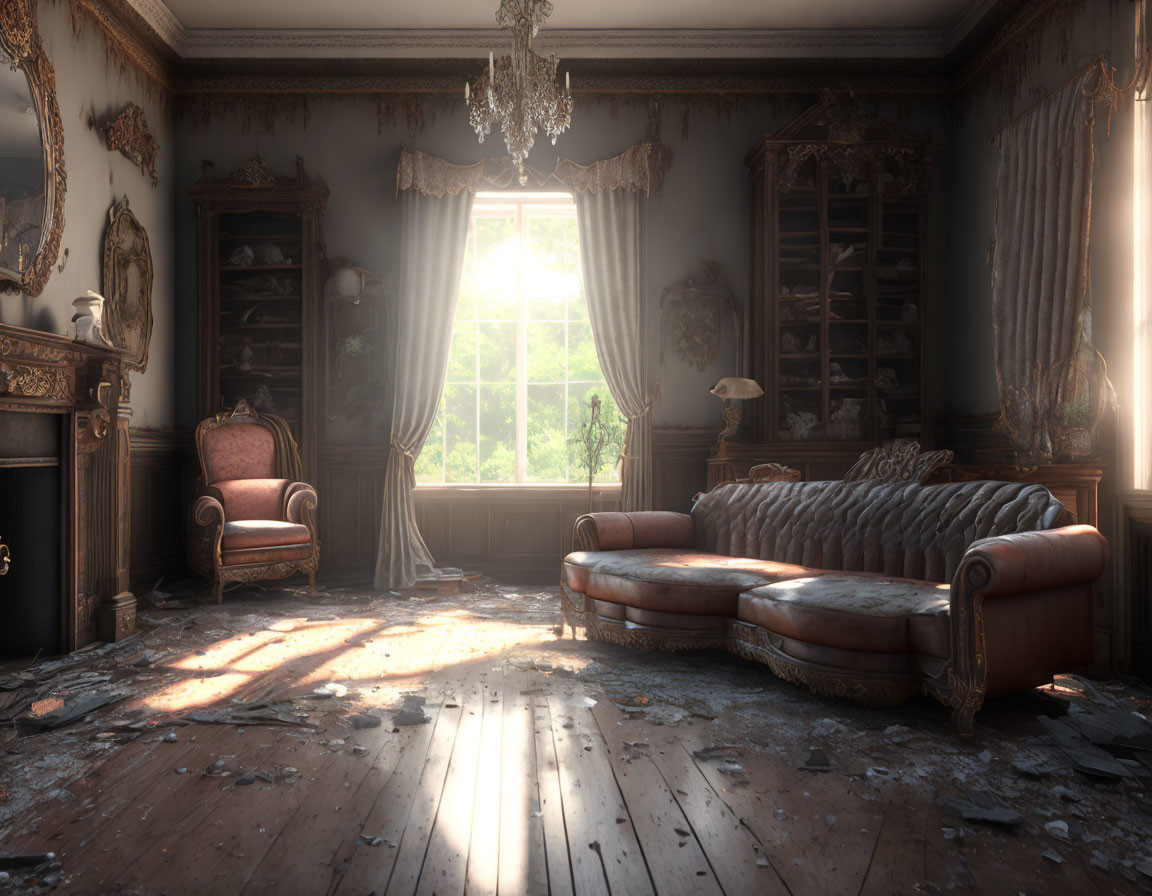Abandoned elegant room with sunlight, dust, and shadows