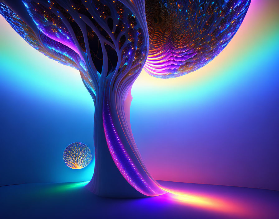 Vibrant futuristic luminous tree with glowing orb in blue, purple, and pink lights