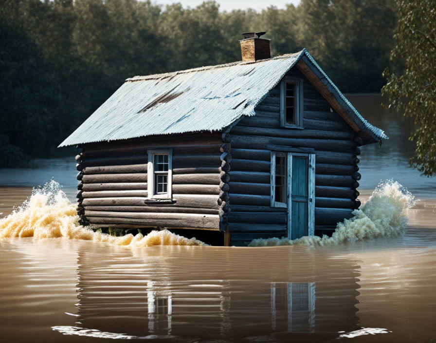 Log Cabin Surrounded by Floodwaters and Trees