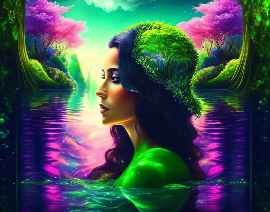 Colorful Woman Emerges from Water in Surreal Landscape