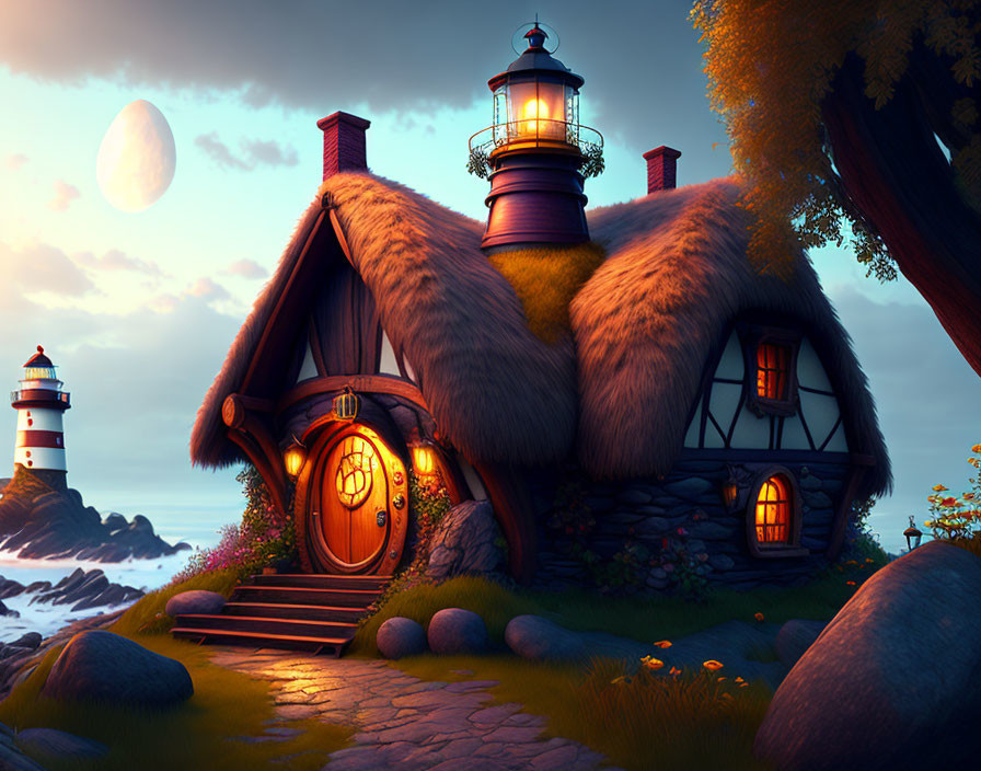 Thatched cottage with lighthouse features in moonlit seaside scene