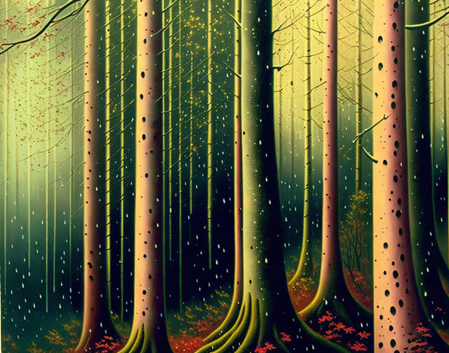 Stylized forest with tall, slender trees and red foliage accents