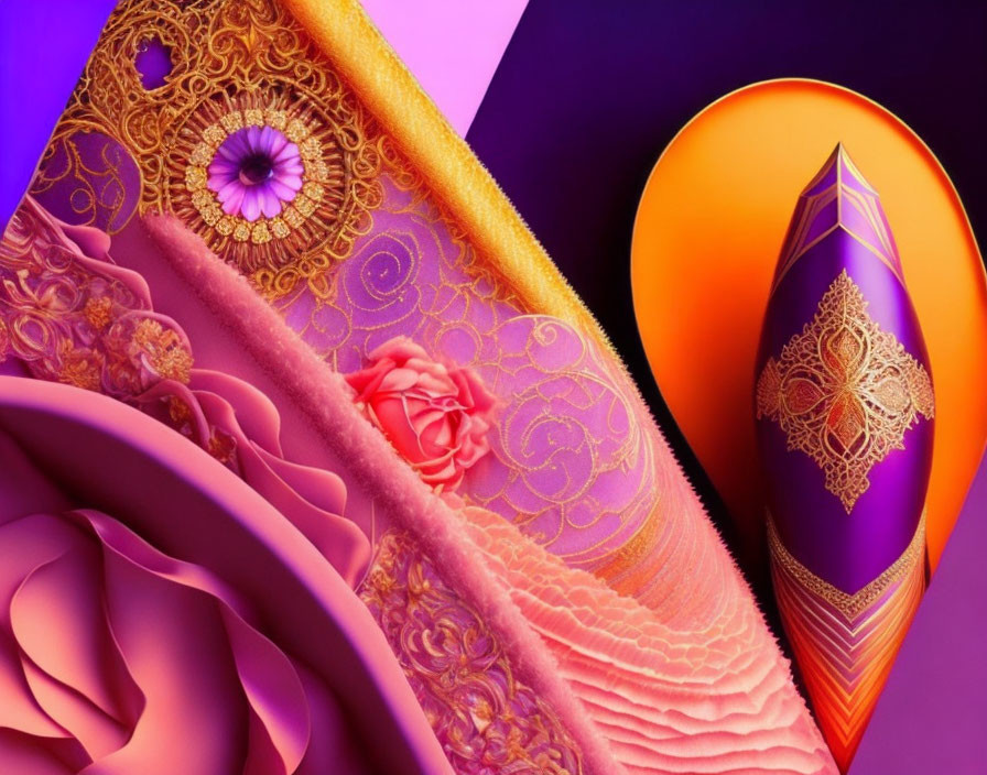 Colorful Digital Artwork: Golden Lace Design on Purple Fabric with Pink Rose