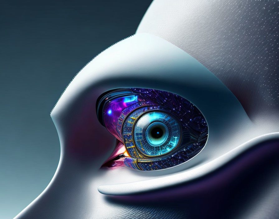 Detailed Cybernetic Eye Artwork on Gradient Background