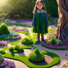 Young girl in magical garden with vibrant plants and whimsical creatures