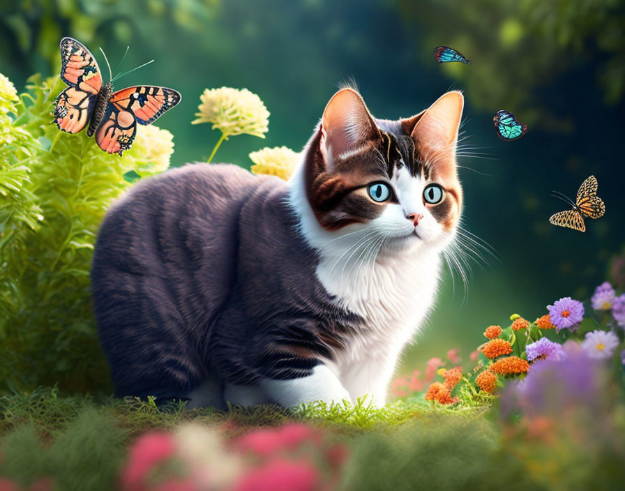 Brown and White Cat with Blue Eyes in Colorful Garden Scene