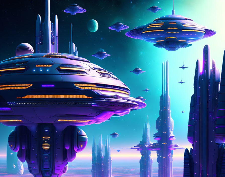 Futuristic cityscape with towering spires and flying saucers under alien sky