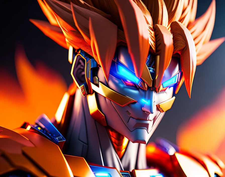 Anime-style robot character with spiked hair and glowing blue eyes in metallic armor on fiery background
