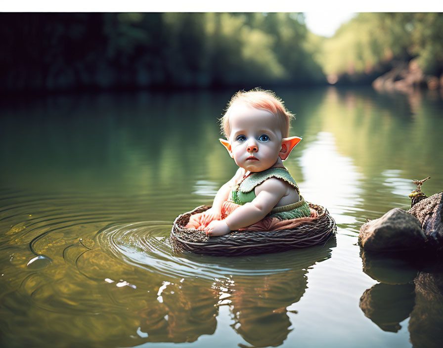 Baby with Elf Ears in Small Basket Boat on Tranquil River