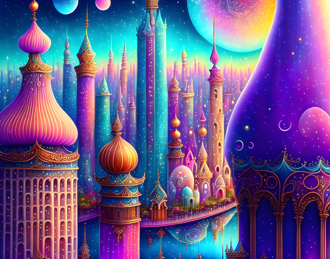 Vibrant fantasy cityscape with luminescent buildings and Arabic-style architecture