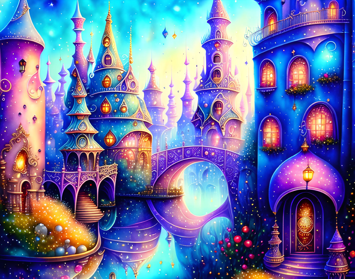 Colorful Magical Castle with Glowing Lights and Ornate Towers
