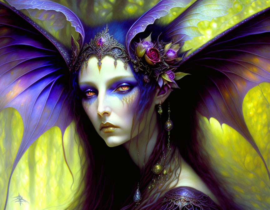 Fantasy female character with purple skin and butterfly wings on green and yellow background