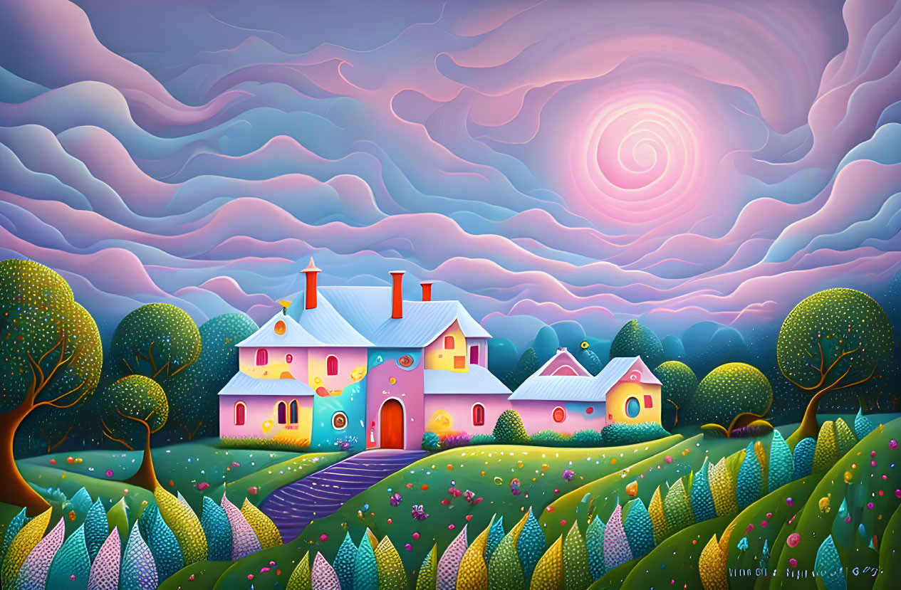 Colorful Landscape with Pink House and Swirling Sky