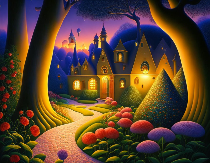Whimsical house with turrets in twilight among trees, cobblestone paths, vibrant flowers,