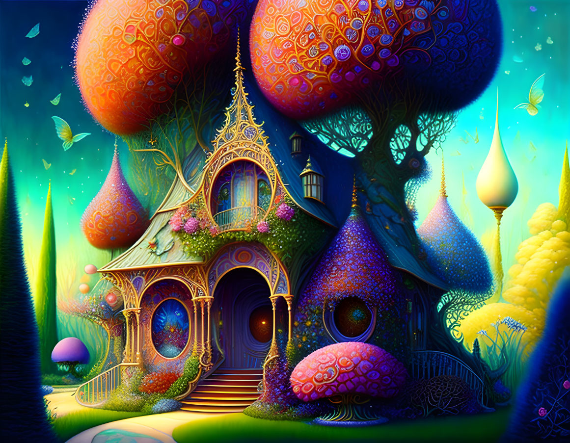 Colorful Fantasy House with Mushroom Structures in Enchanting Forest
