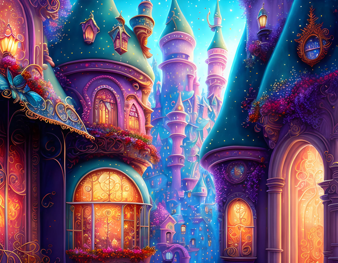 Fantasy cityscape with whimsical towers and glowing windows at dusk