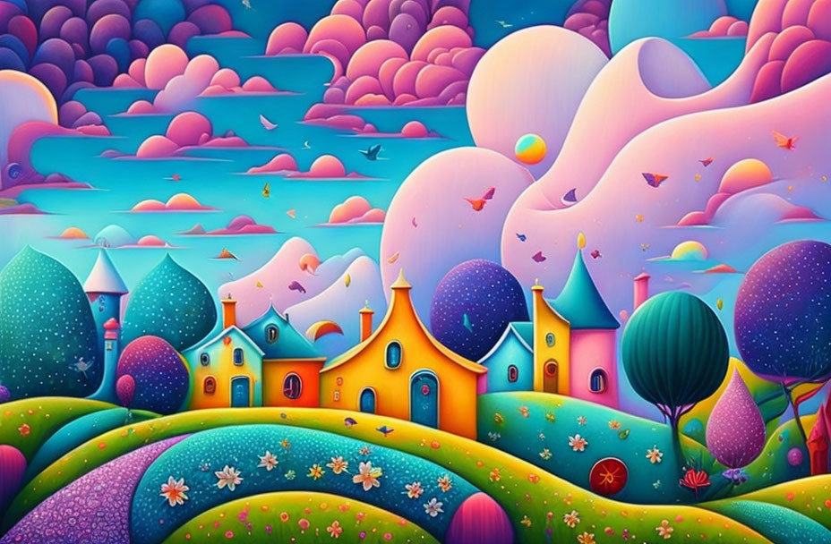 Colorful surreal landscape with whimsical houses and fantastical trees