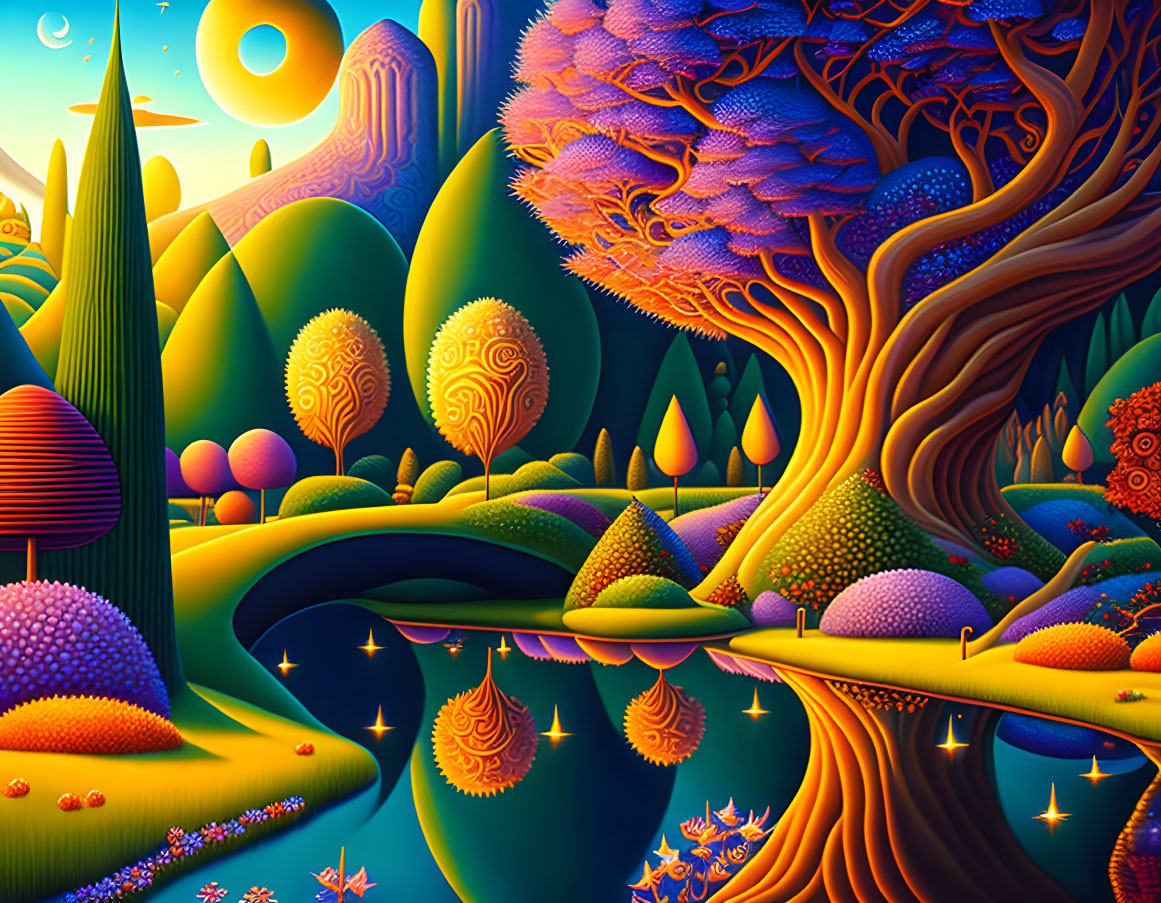Colorful stylized landscape with reflective river and whimsical trees