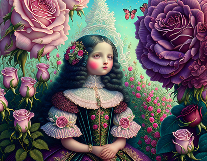 Whimsical portrait of a girl in Victorian attire with roses and butterflies