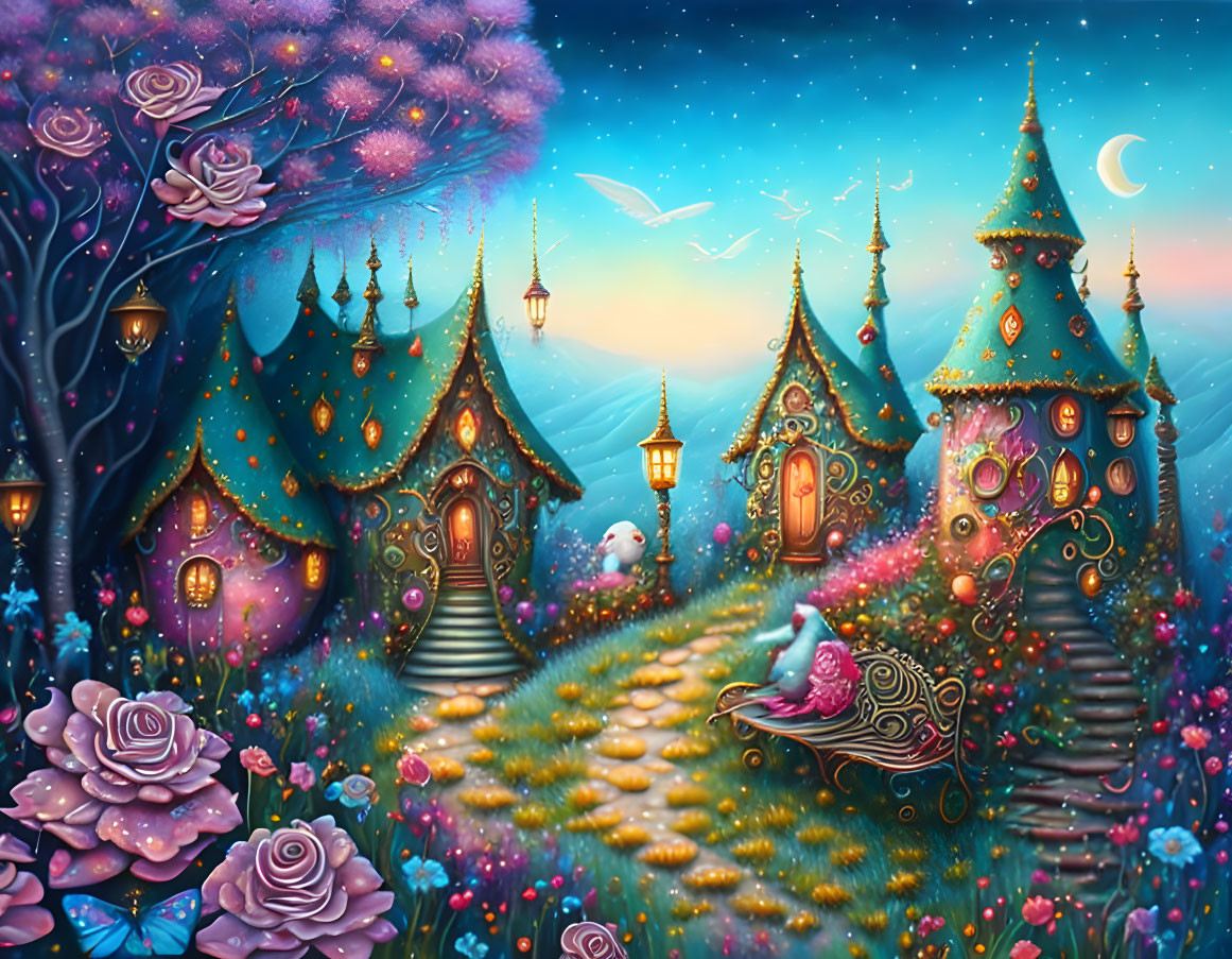 Colorful Fairy-Tale Night Scene with Glowing Cottages and Cat