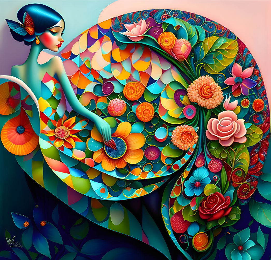 Colorful Illustration of Woman with Blue Skin and Floral Patterns