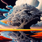 Vibrant surreal landscape with wavy sky and unique cloud formations