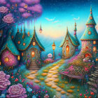 Colorful Fairy-Tale Night Scene with Glowing Cottages and Cat