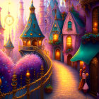 Fantasy castle town illustration at dusk with lanterns and cobblestone path