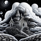 Monochrome fantasy landscape with intricate castle and celestial skies