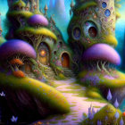 Fantasy Landscape with Mushroom-Capped Houses and Twilight Sky