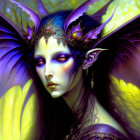 Fantasy female character with purple skin and butterfly wings on green and yellow background