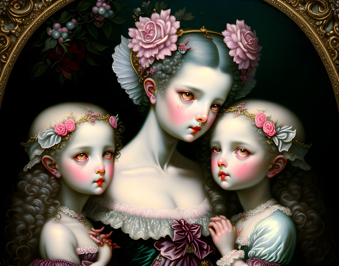 Porcelain-skinned figures with floral headpieces on dark background
