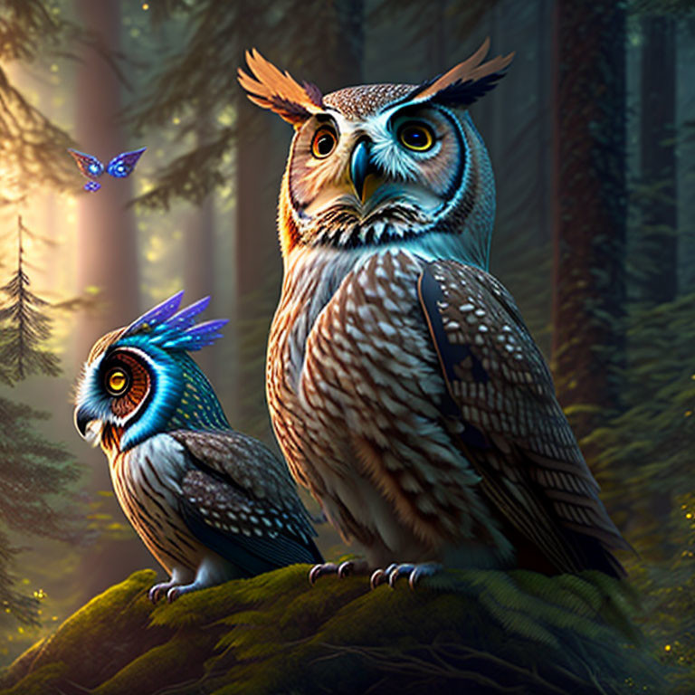Colorful Owls with Feather Patterns on Mossy Branch in Mystical Forest