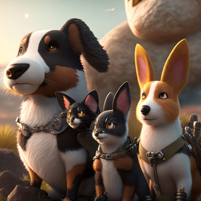 Two animated dogs and a cat with futuristic collars and harnesses against warm sunset.