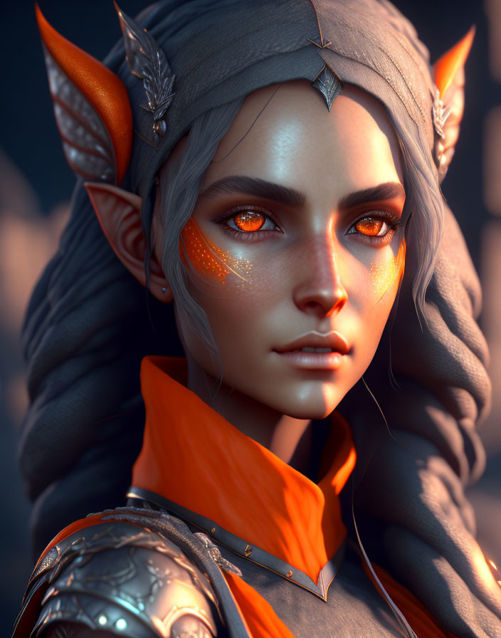 beautiful elf girl with orange eyes in gray color